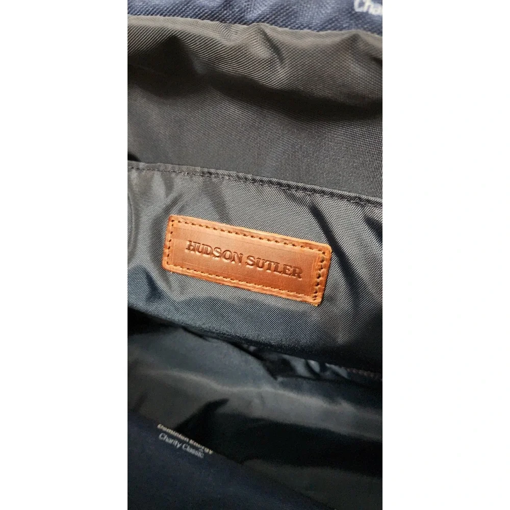Hudson Sutler Navy Blue Medium Canvas Duffle Bag Leather Trim Medium 17x11x8‎